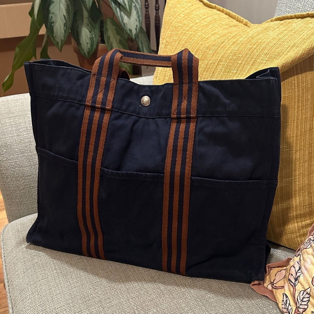 Authentic Hermes Navy and Brown Tote Bag